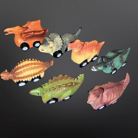 Dinobros Dinosaur Go-Kart Pull Back Plastic Toy Car Rubber Tires Lot Of 7 B18 - Picture 1 of 5